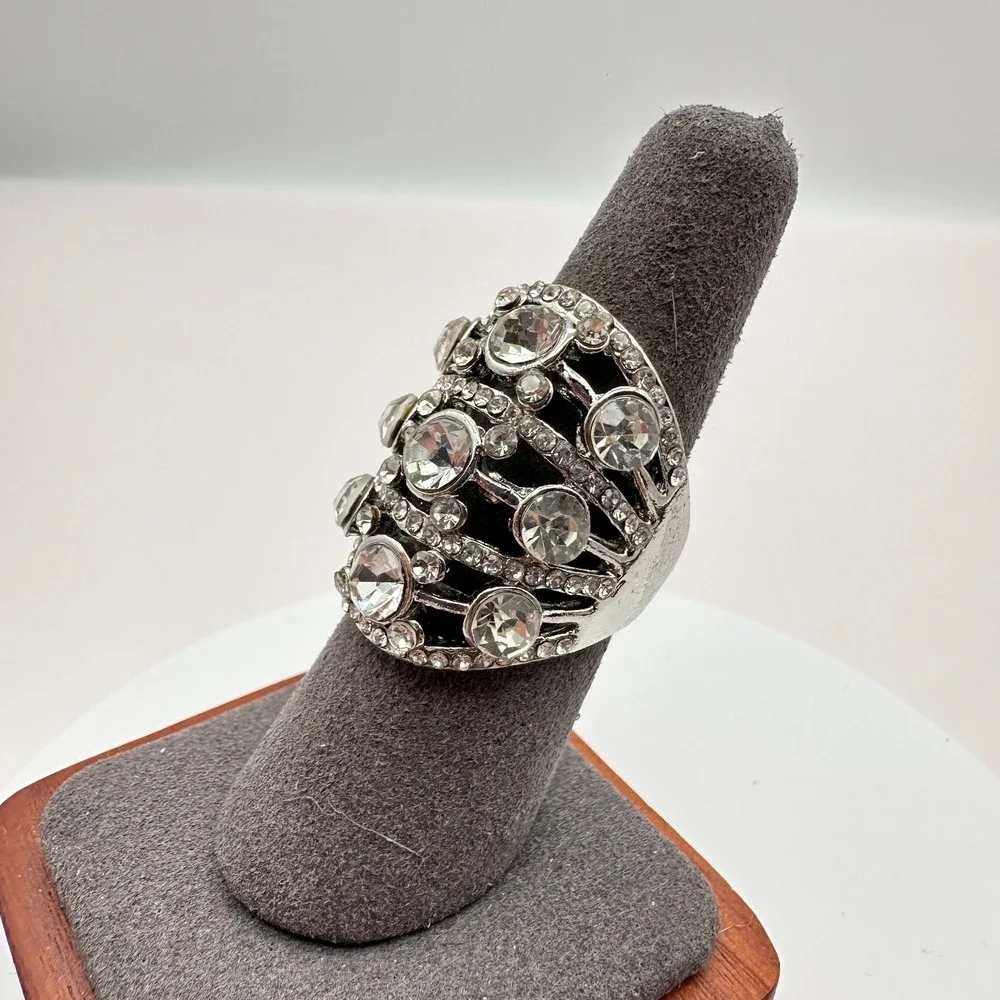 Vintage Y2K Silver Tone Multi-Tier Rhinestone Ring Women's Jewelry
